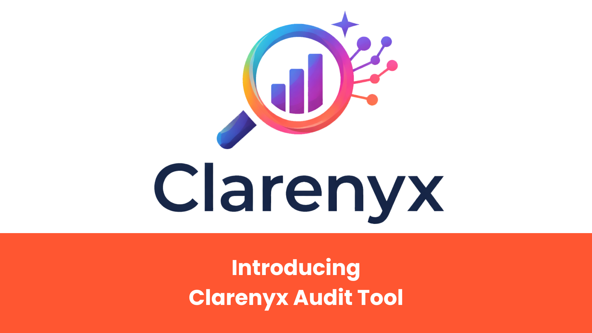 Clarenyx SEO audit tool logo showing a magnifying glass with analytics bars and AI-style data nodes